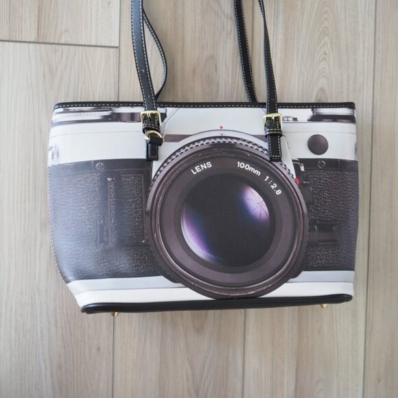 Elevated Indie Camera Lens Print Tote Bag with Zipper top, pockets metal feet - Picture 5 of 11